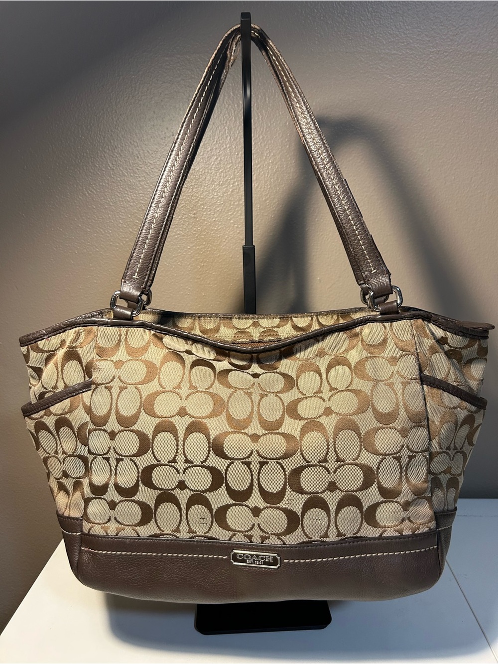 Coach F23297 Beige Jacquard Brown Leather Park Signature Carrie Tote Bag